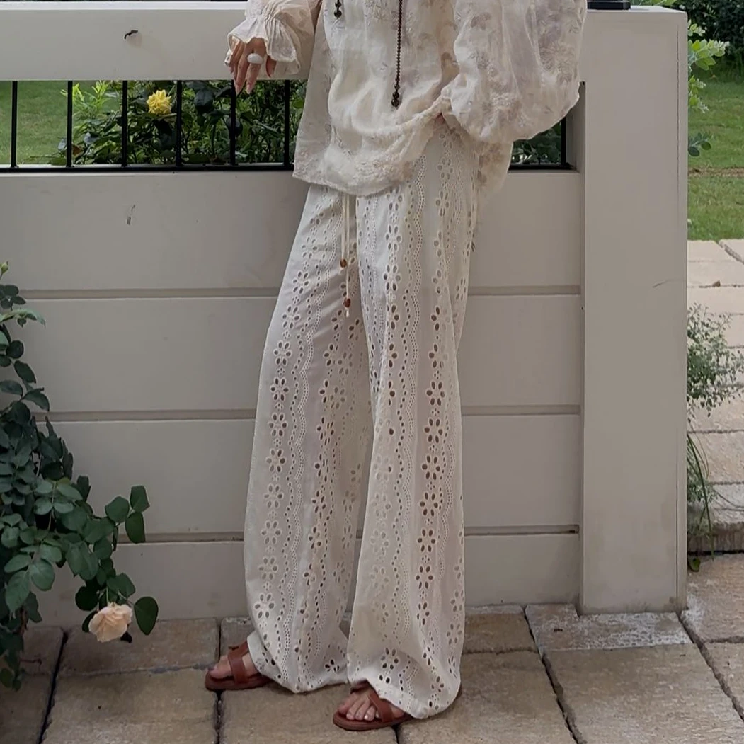 NXJ【夏威夷】微胖大码 度假风韩国货全绣花阔腿裤长裤 250387