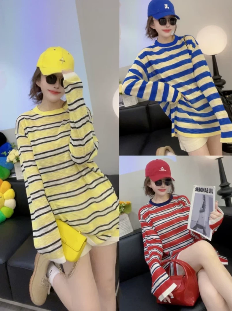 欧洲站2025早秋新款撞色条纹宽松t恤女大码时尚百搭套头圆领上衣