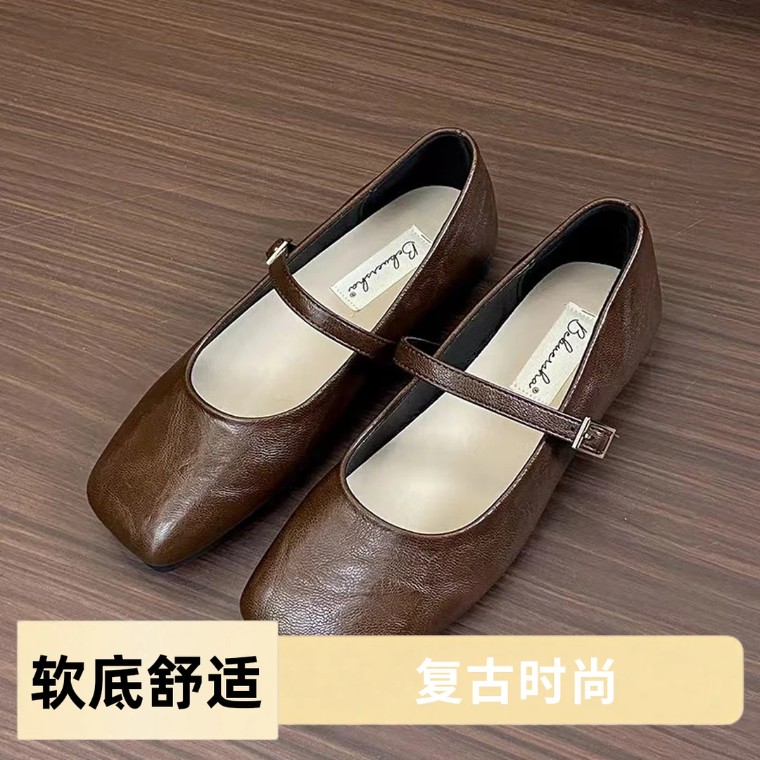 女鞋百搭软底复古时尚方头浅口法式英伦风春夏粗跟皮鞋一字玛丽珍