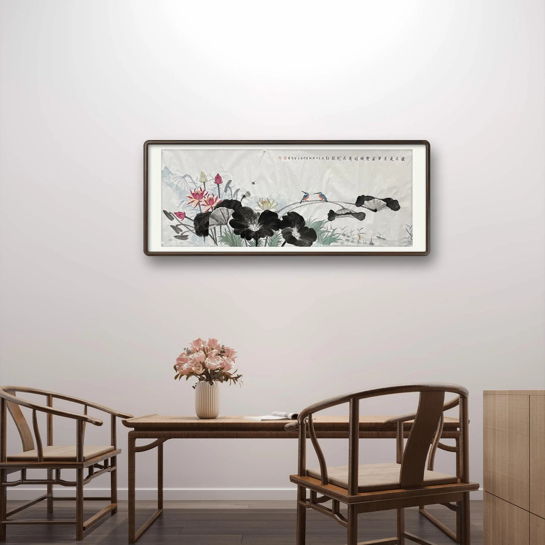 荷花图花鸟手绘国画客厅沙发背景墙装饰画挂画新中式（画芯未装裱）