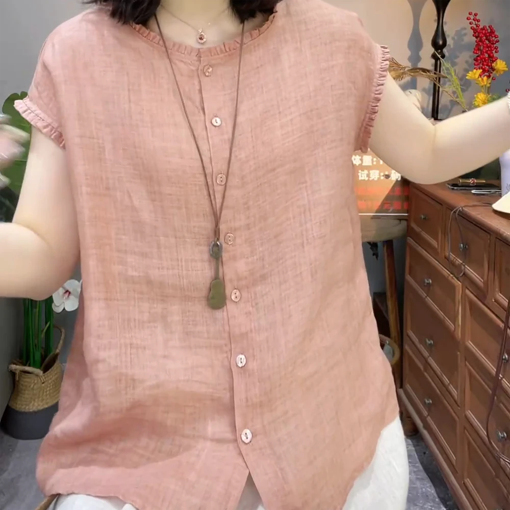 斜纹苎麻花边领衬衫女夏季单排扣显瘦百搭休闲气质小衫短袖上衣