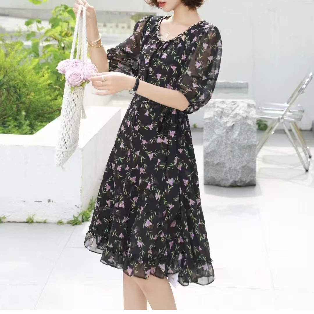 2025夏季显瘦印花法式碎花中长连衣裙修身碎花女装5159