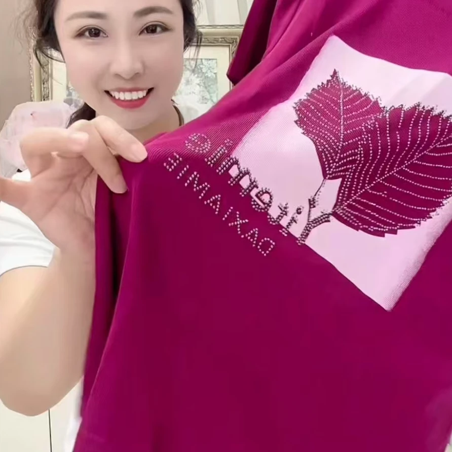夏季洋气时尚印花宽松圆领弹性大舒适烫钻树叶短袖t恤