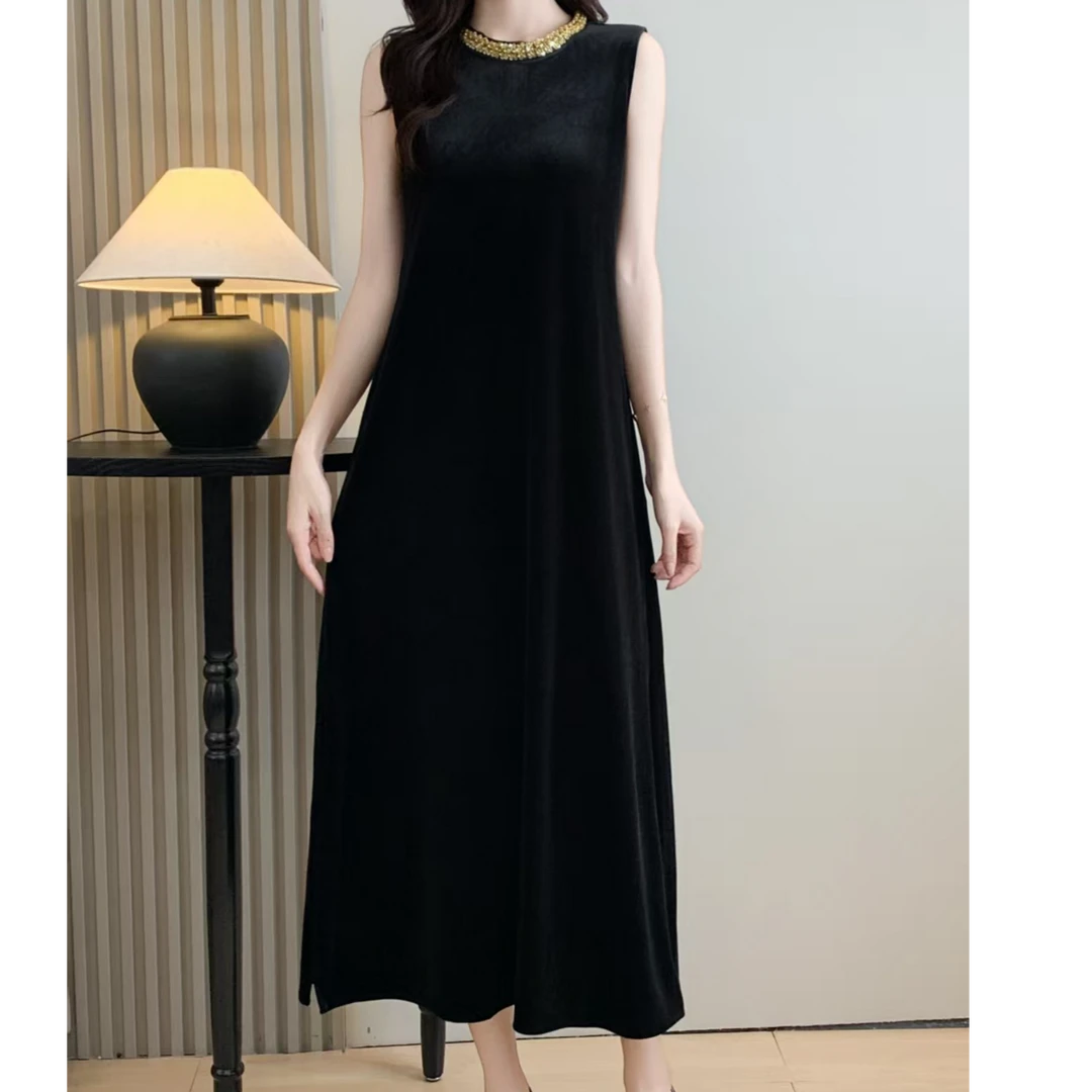 2025秋款显瘦百搭可外穿无袖修身连衣裙黑色丝绒女士长裙气质时尚