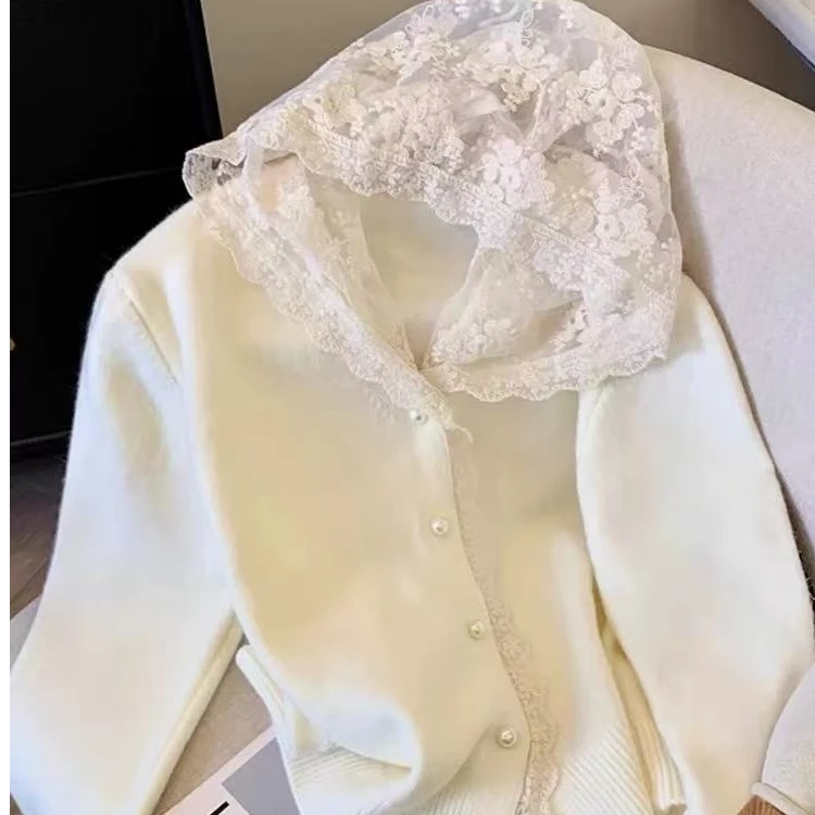 1030 蕾丝拼接连帽针织开衫女秋冬温柔气质毛衣外套