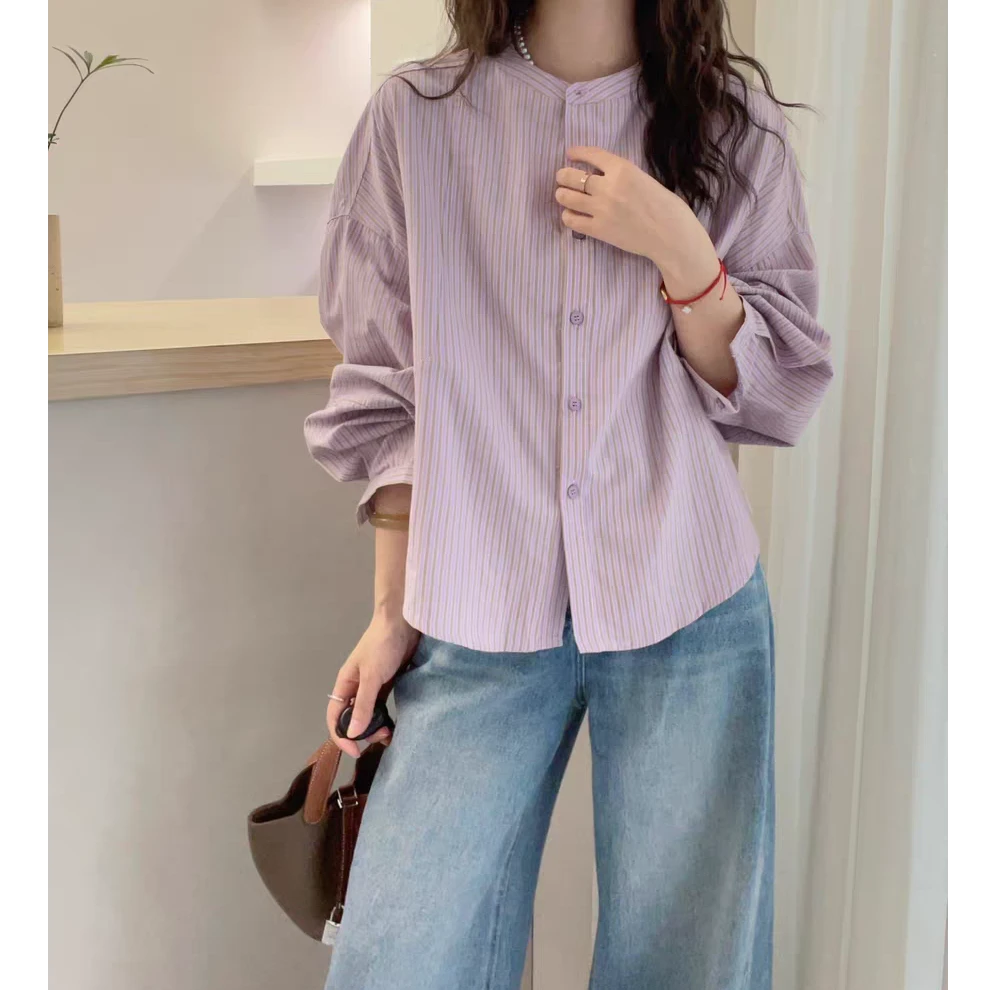 欧洲站2025早秋新款欧货时尚竖条纹蝙蝠袖衬衫女春秋宽松衬衣上衣