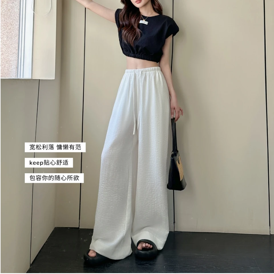 MOTIE/末帖2025夏季新款韩系高腰仿醋酸垂感冰丝亚麻裤显瘦百搭款