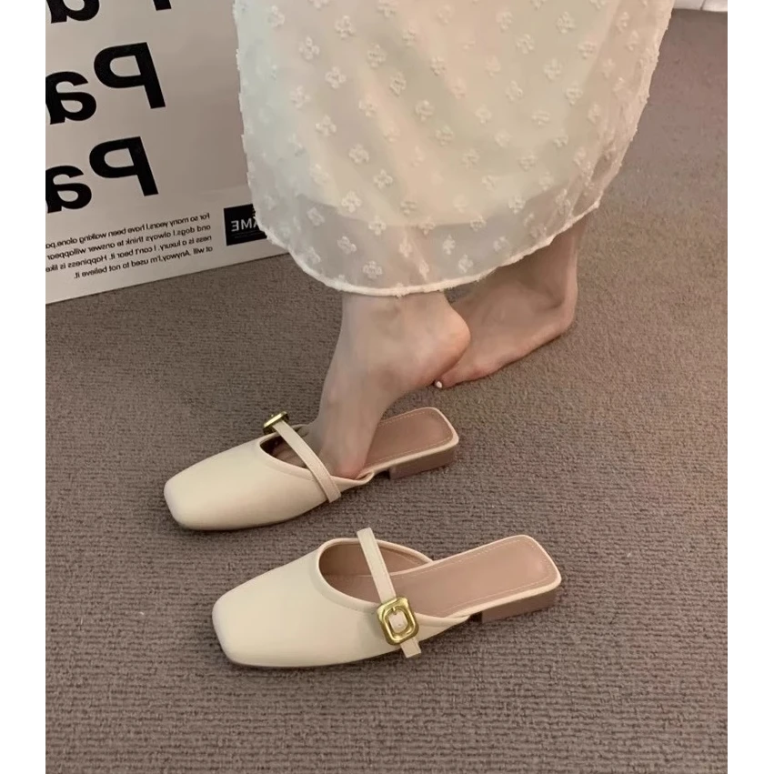 三福法式包头半拖鞋女夏外穿2025低跟一脚蹬配裙子温柔晚晚凉拖鞋