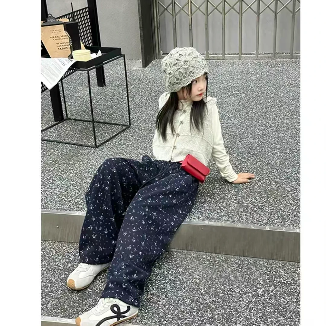 2025韩版中大童女童秋款加绒加厚碎花圆直筒裤两用脚口（无运险）