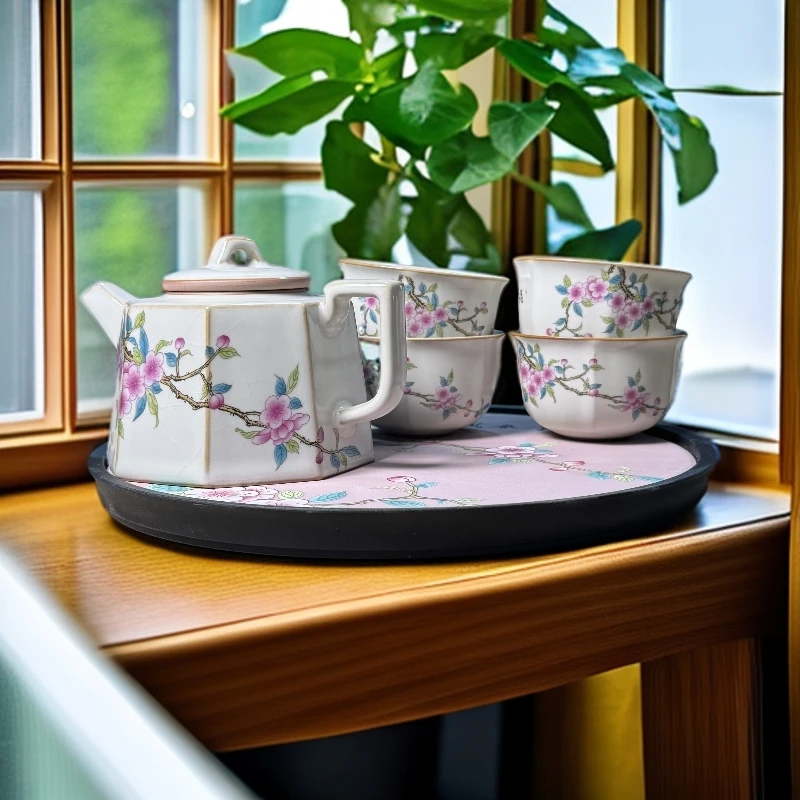 桃李春风-六方壶送四杯+茶盘ZHZ487