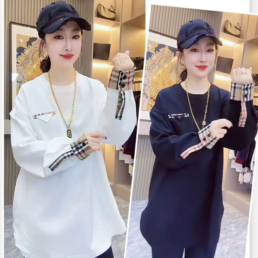 高货纽扣袖子圆领长袖中长款洋气宽松时尚时髦T恤潮款显瘦百搭