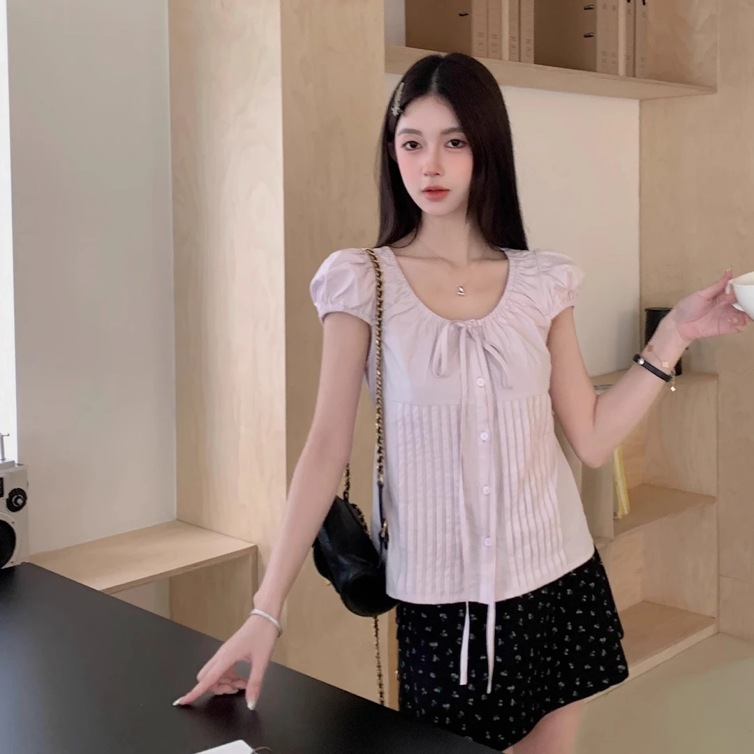 法式紫色泡泡袖绑带衬衫女夏季新款大码微胖mm设计感宽松遮肉上衣