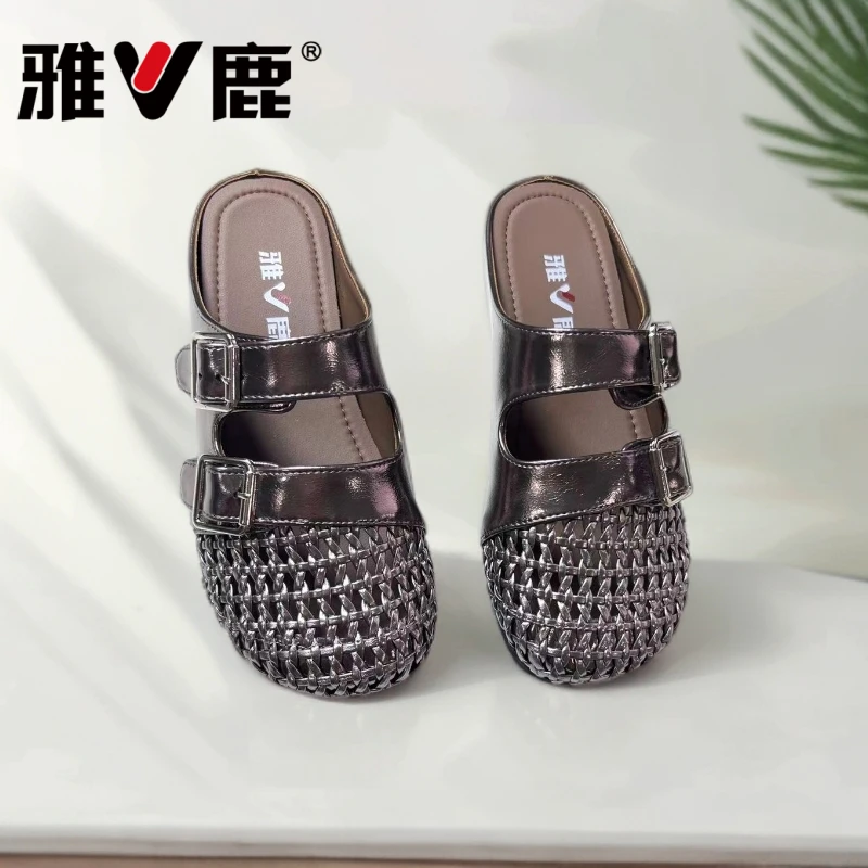 V/雅鹿[2583]夏季2025新款包头半拖软底软面编织舒适百搭凉鞋m