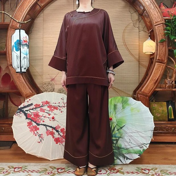 60姆米重缎100桑蚕丝红云缎如意小叶紫檀全开襟圆领气质套装中式