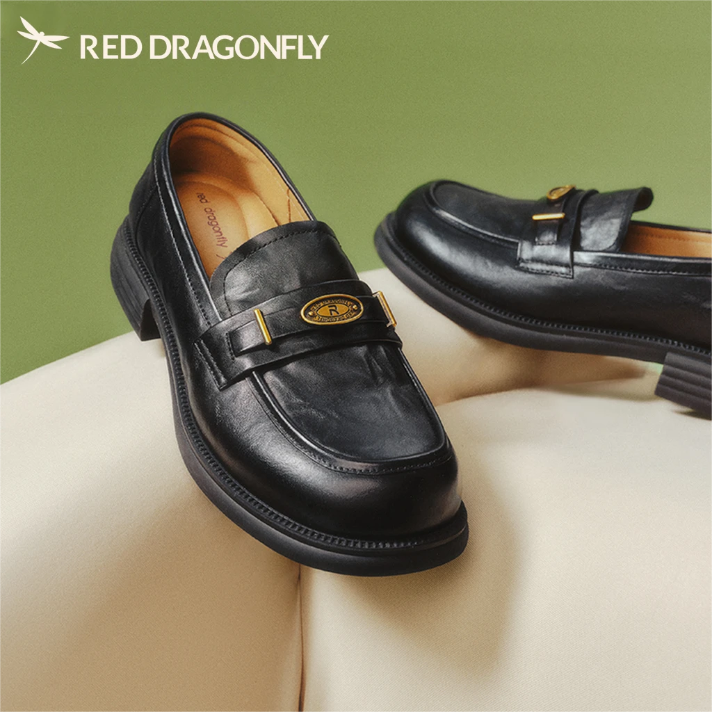 红蜻蜓真皮乐福鞋女2025秋季新款女鞋软底通勤单鞋英伦风黑色皮鞋