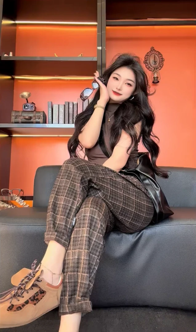 秋季女休闲裤子宽松简约百搭修身格子裤松紧腰哈伦裤长裤时尚潮