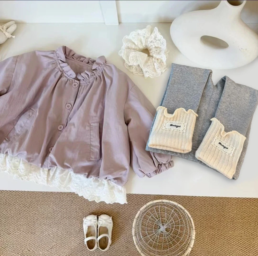 【高品质】女童风衣外套秋装洋气韩版蕾丝拼接花边灯笼开衫花苞上衣