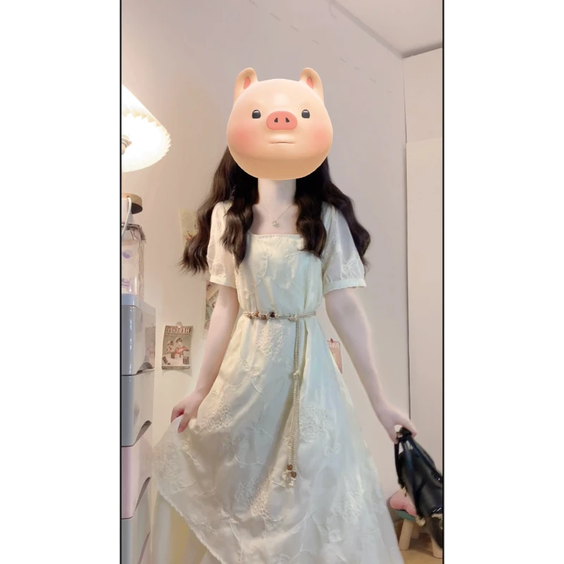 大码夏季新款法式温柔风网纱拼接连衣裙设计感不对称气质法式长裙