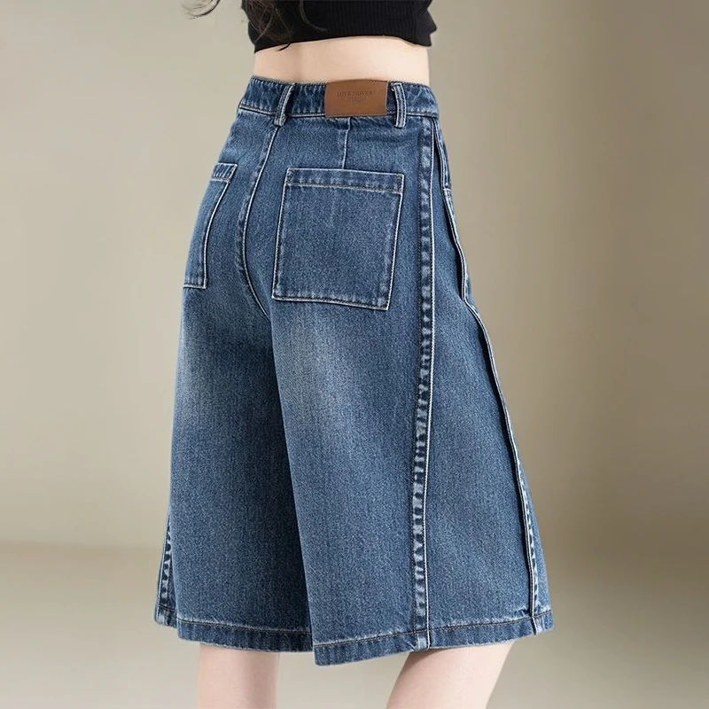 蓝色五分牛仔短裤女夏季薄款2025年新款高腰宽松显瘦a字直筒中裤