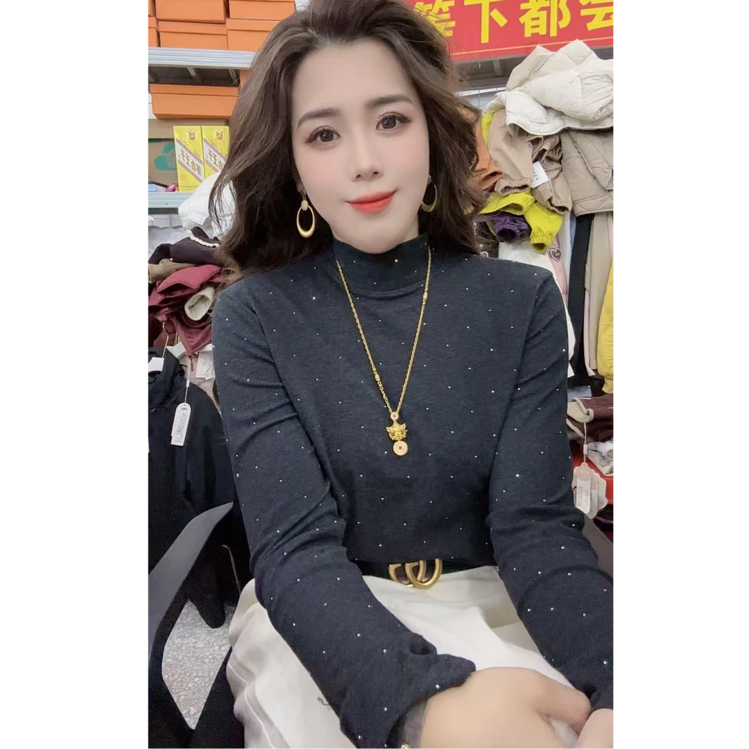 双面磨毛烫钻半高领打底衫