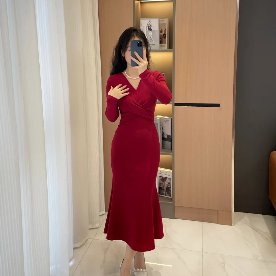 145小个子定制长裙小众气质女神裙长袖150矮个子修身显身材连衣裙