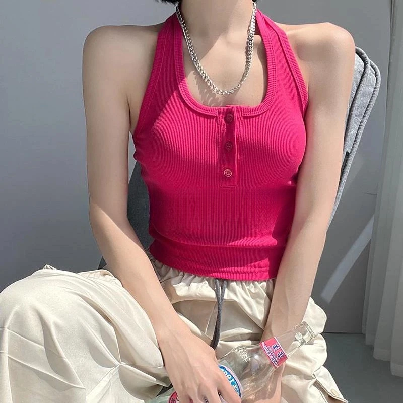 性感挂脖露背排扣小吊带短款背心女内搭春夏无袖内搭外穿性感上衣