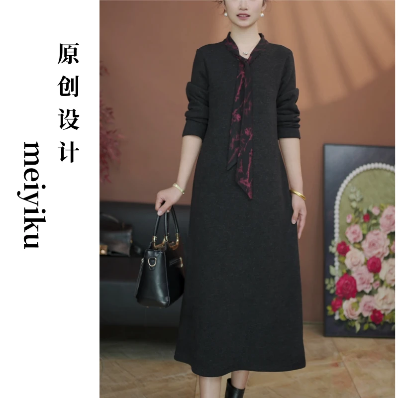秋冬加厚围巾领长袖连衣裙保暖洋气中长款显瘦遮肉连衣裙高端系列