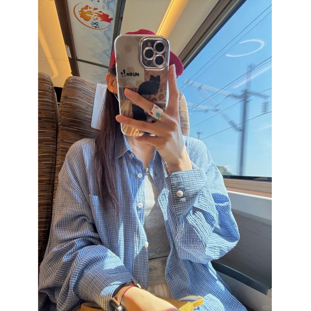 韩系蓝色格子防晒衬衫女2025夏季薄款宽松慵懒休闲衬衣外套