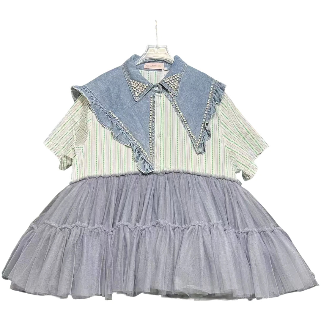 5054【高定系列】设计师新款拼接纱纱夏季短袖女装连衣裙