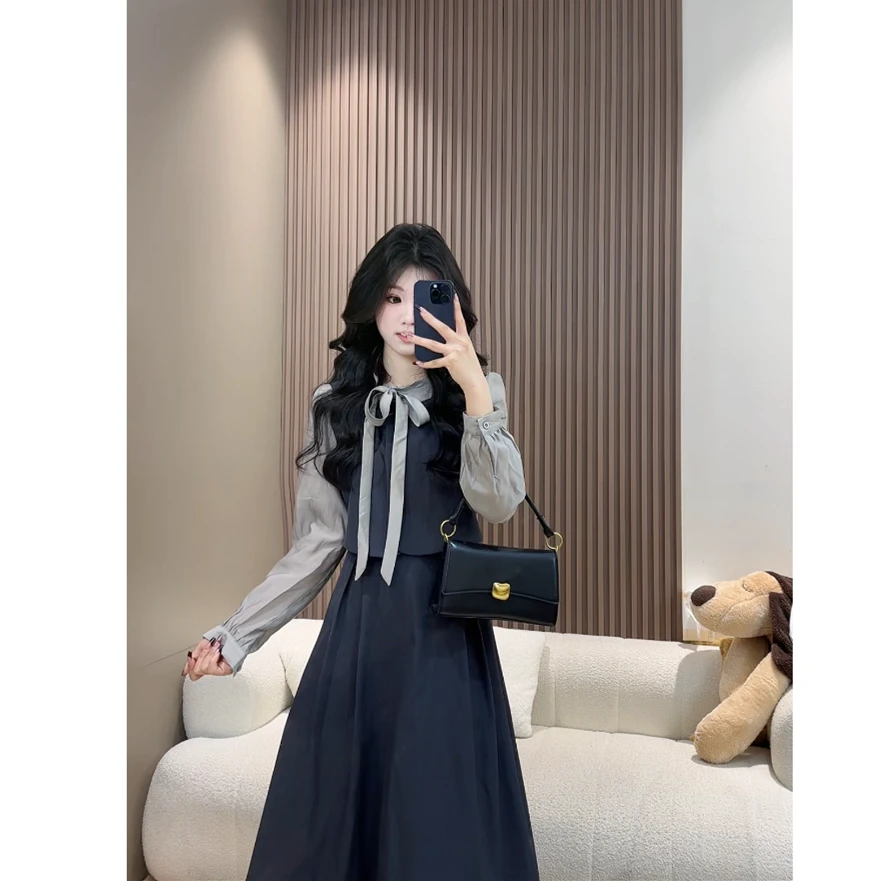 早秋氧气少女韩系假两件连衣裙显瘦气质长裙裙子设计蝴蝶结