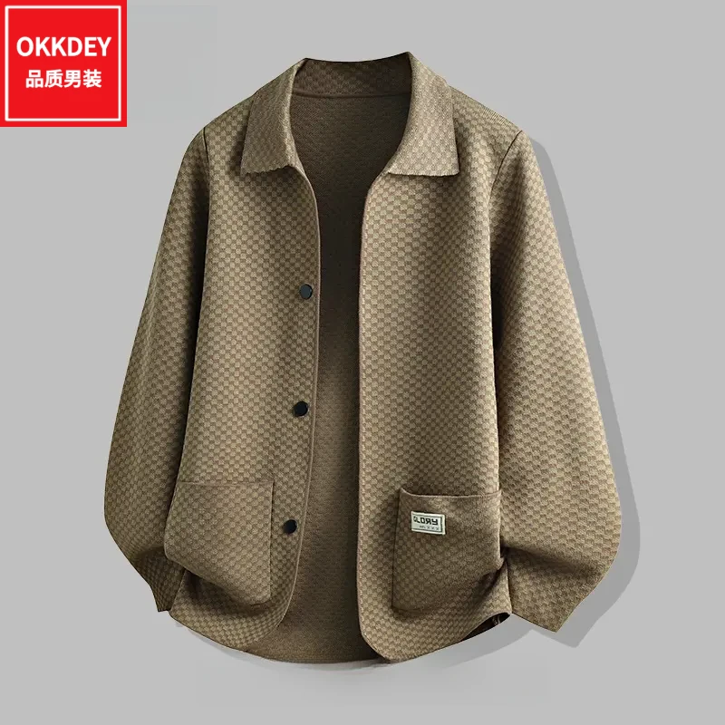 春秋季新款格子翻领男装高级感轻奢痞帅短外套百搭男士毛衣针织衫