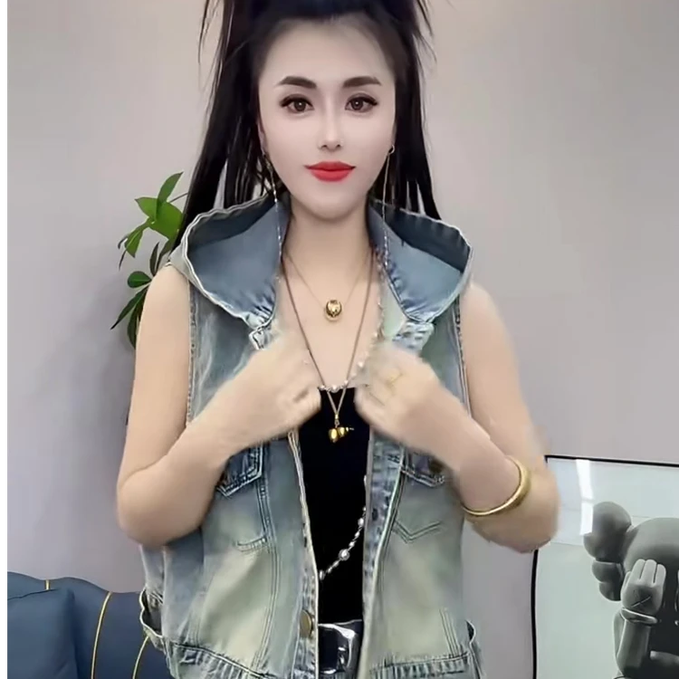 2025春夏秋新款牛仔马甲女休闲宽松连帽无袖坎肩背心外穿短款外套