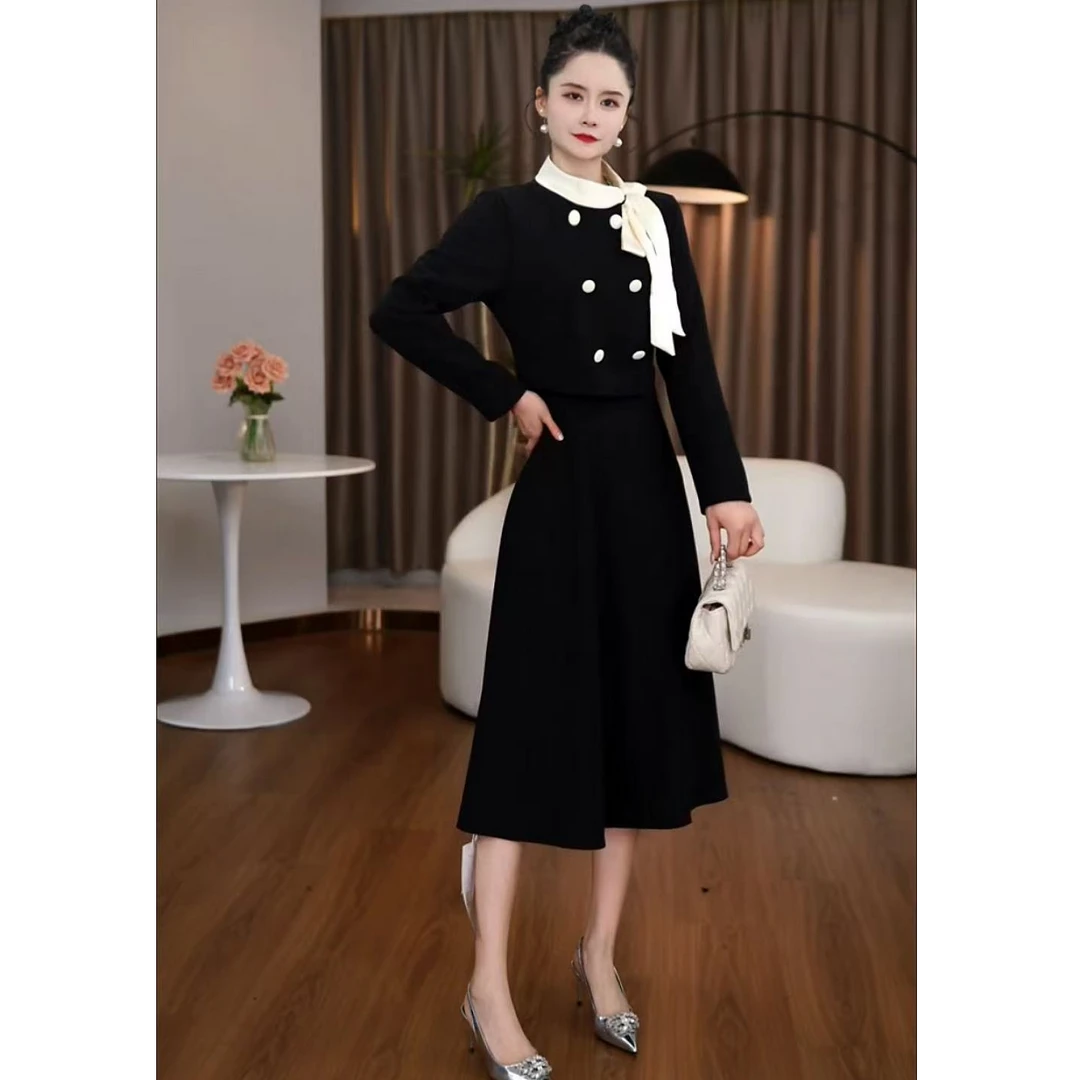 【然也专属】【加绒加厚】2025秋冬蝴蝶结小香风女装法式长袖裙子2544