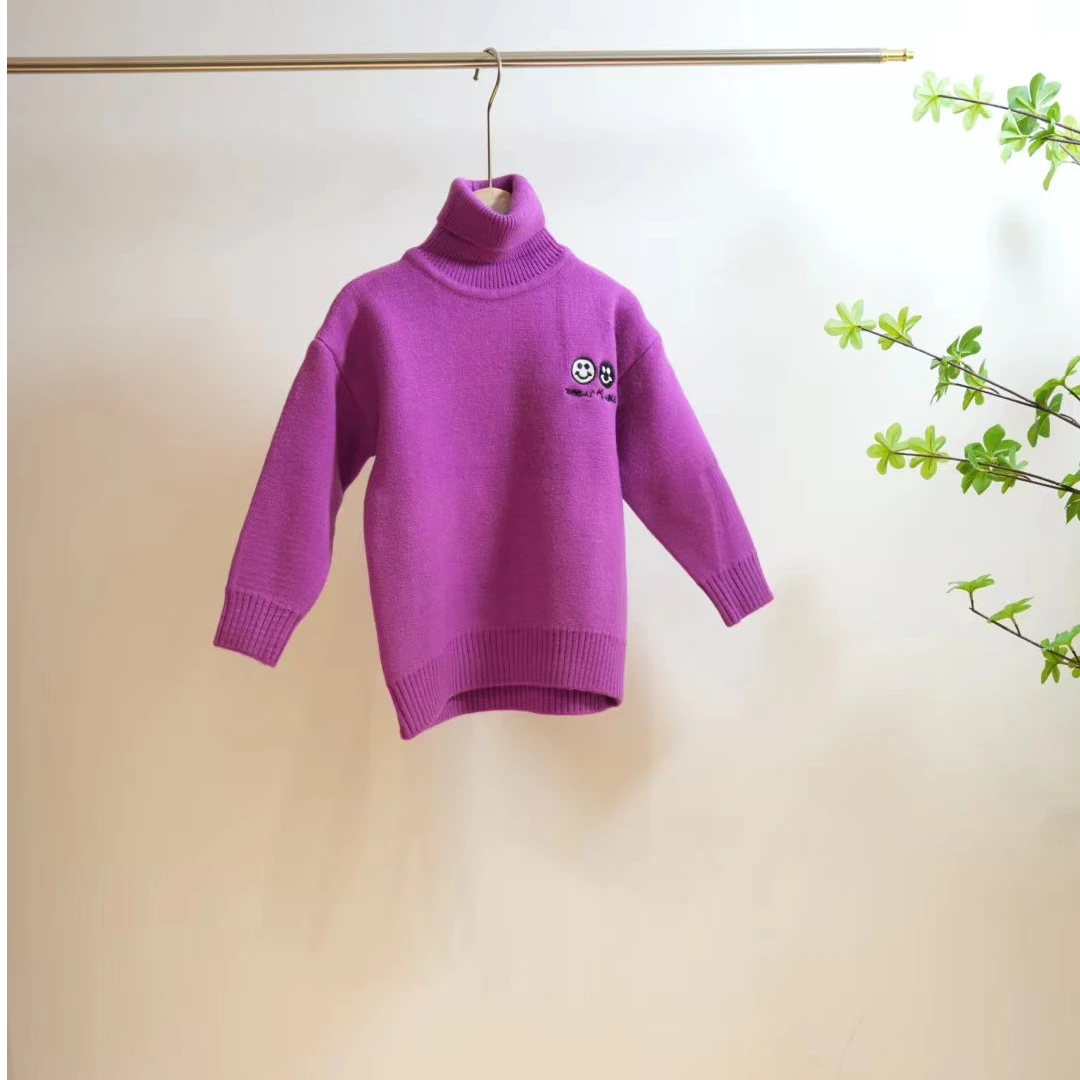 1-596-紫红色高领加绒笑脸儿童套头毛衣