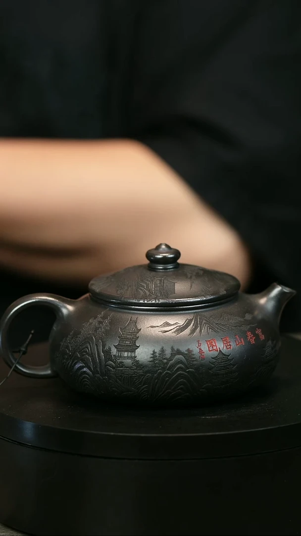 茶壶紫砂开****uH1823李传荣石黄刻绘寒江