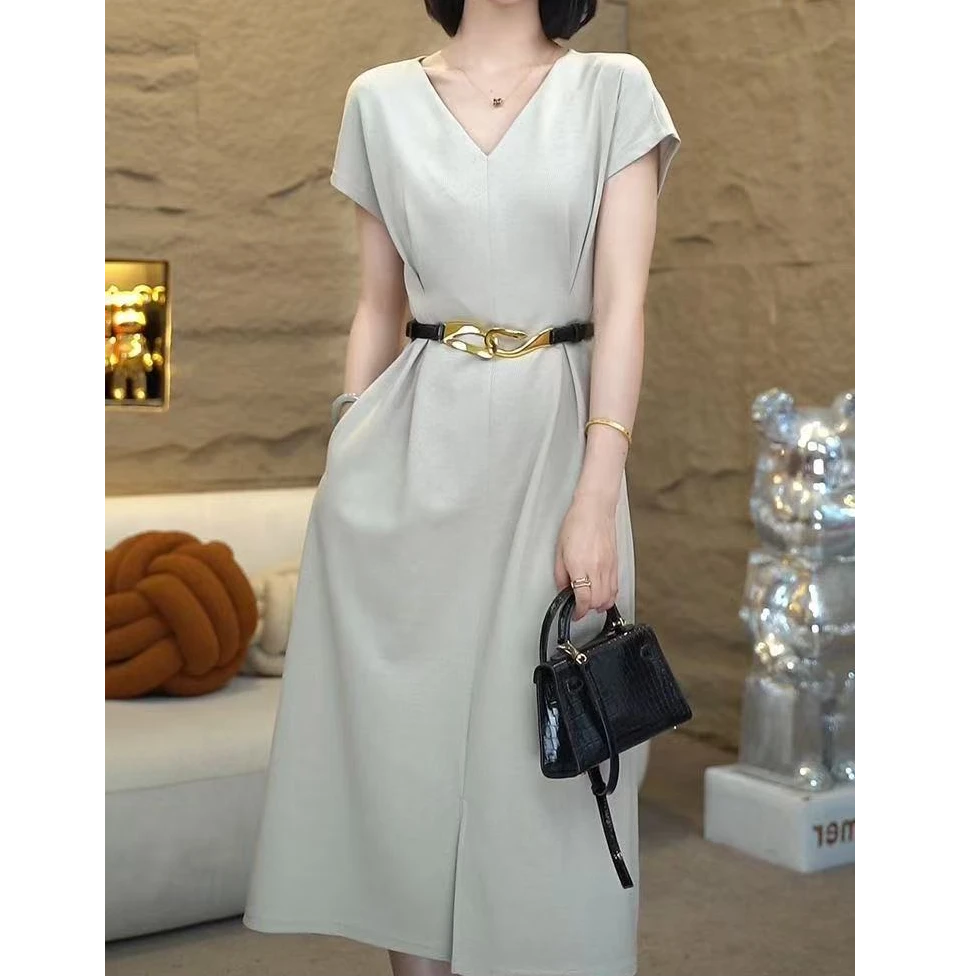 dw003拉链夏季优雅清凉A字裙长裙连衣裙轻熟春季V领显瘦气质轻奢