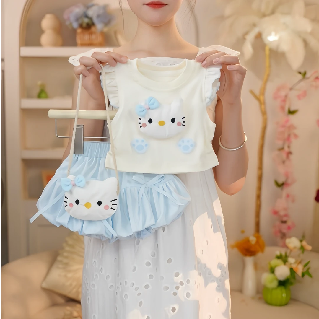 【现货】2025年夏季新款女童可爱飞袖蓝色猫咪套装046