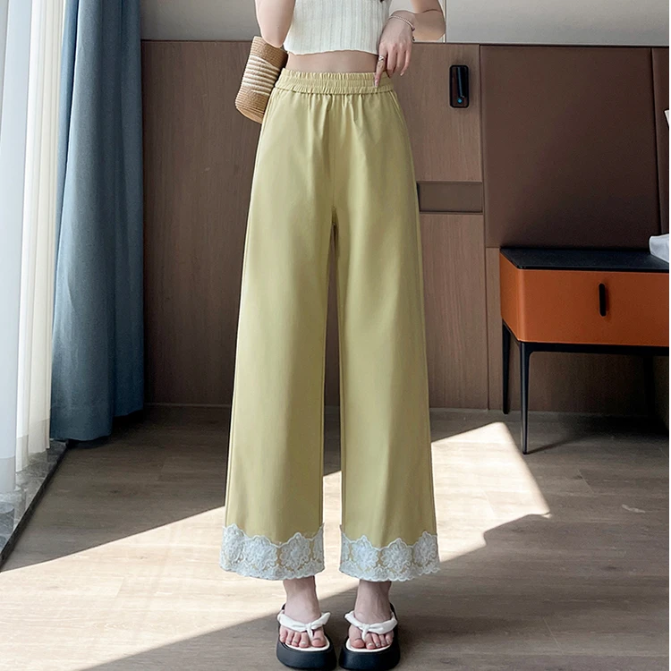 复古阔腿裤女大码春夏季小个子高腰显瘦宽松垂感蕾丝边九分直筒裤