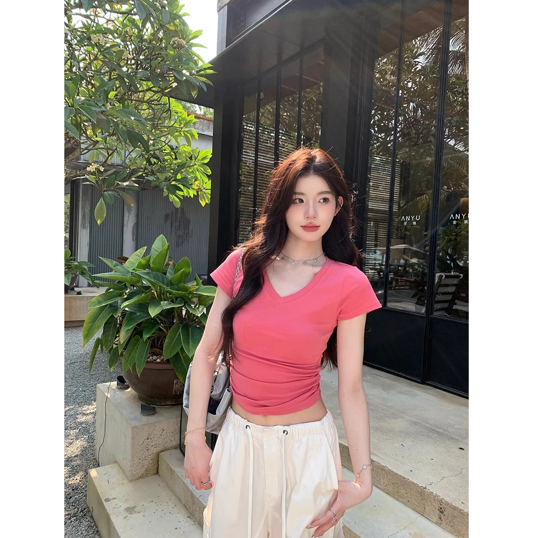 多色正肩V领短袖T恤女夏季设计褶皱修身显瘦短款上衣