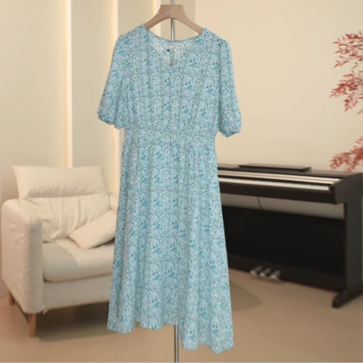 G918 中长款舒适松紧腰V领碎花连衣裙 6C66