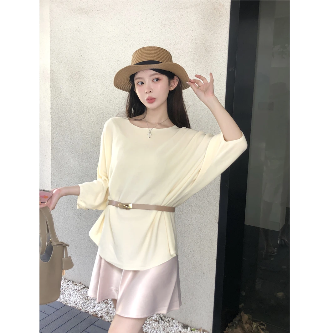 【配腰带】夏季气质法式圆领冰丝针织衫女休闲宽松女上衣