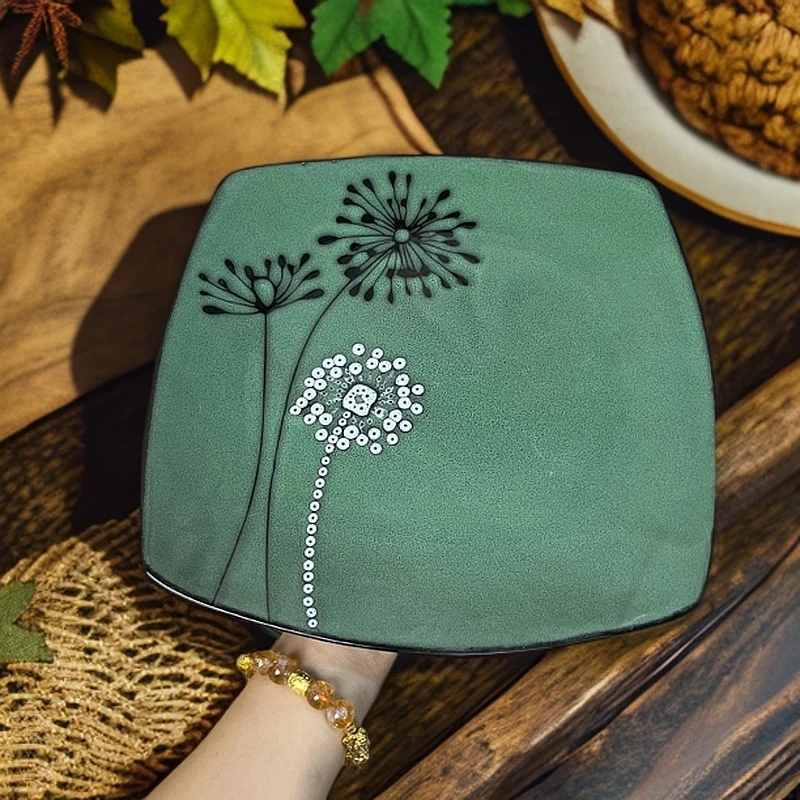 150 微瑕品10.5英寸复古绿色手绘方盘大盘