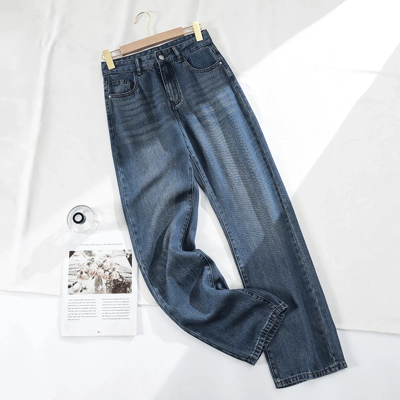 莱赛尔天丝复古牛仔裤女2025夏季薄款高腰阔腿宽松直筒垂感冰丝裤