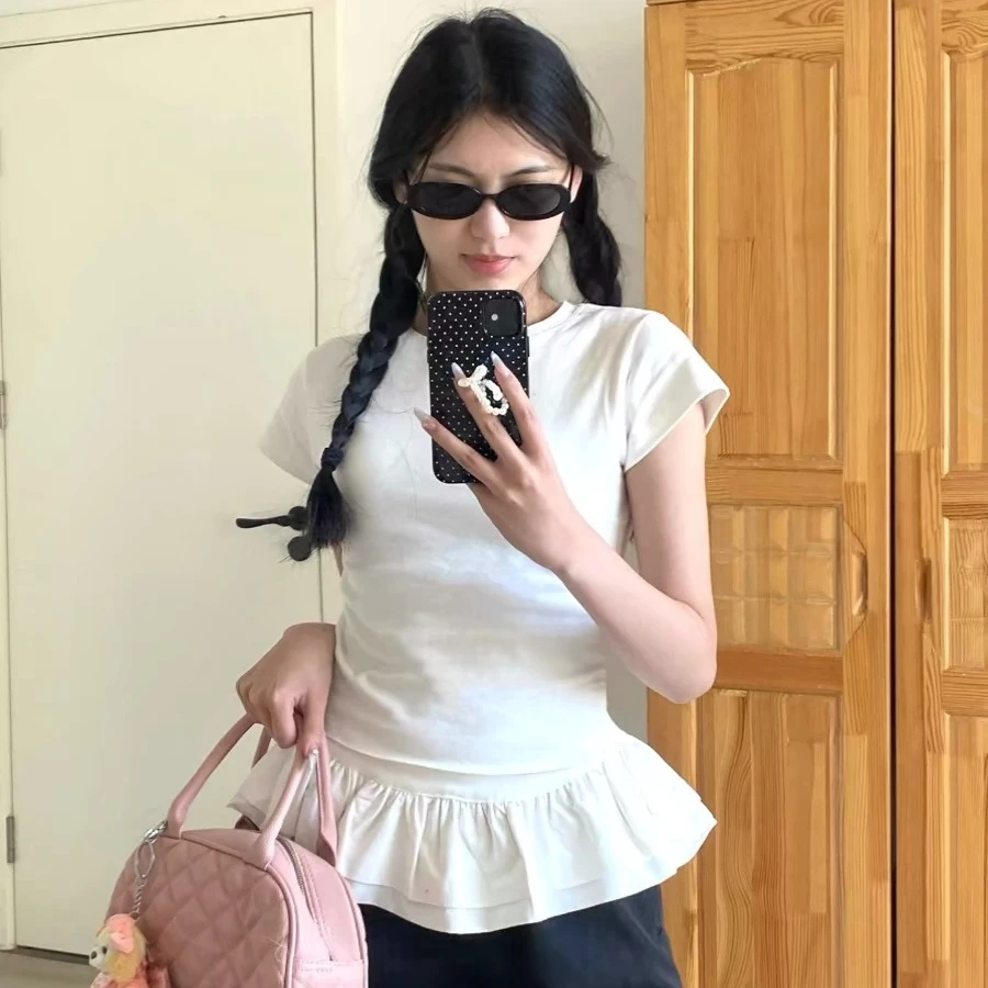 白色荷叶边圆领短袖T恤女夏季甜美风裙摆设计修身打底衫内搭上衣