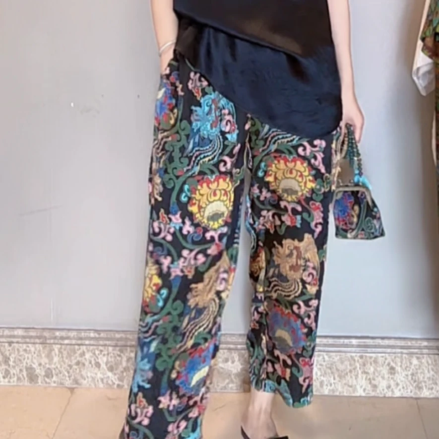 3253｛凤莲纹裤子｝新中式高端定制人丝香云纱清爽百搭国风九分裤