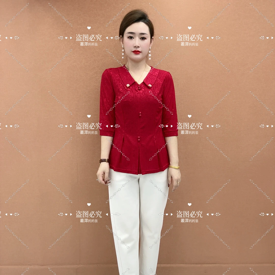 2025年新款女士夏季母亲节翻领妈妈装中老年夏季汗衫洋气显瘦上衣