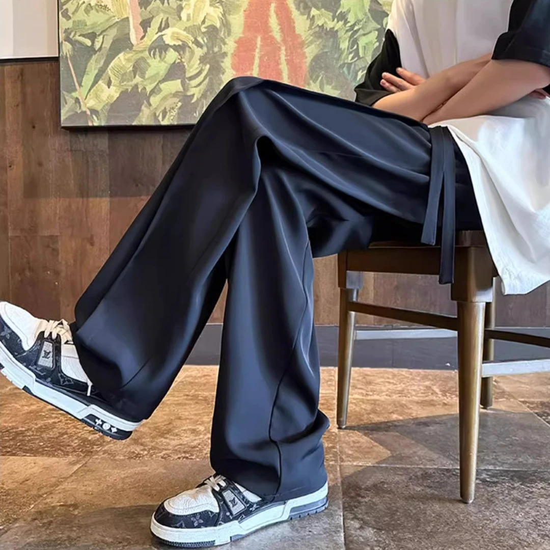 殿若轻奢垂感西裤男纯色百搭冰丝直筒男裤新款夏季潮牌宽松休闲裤