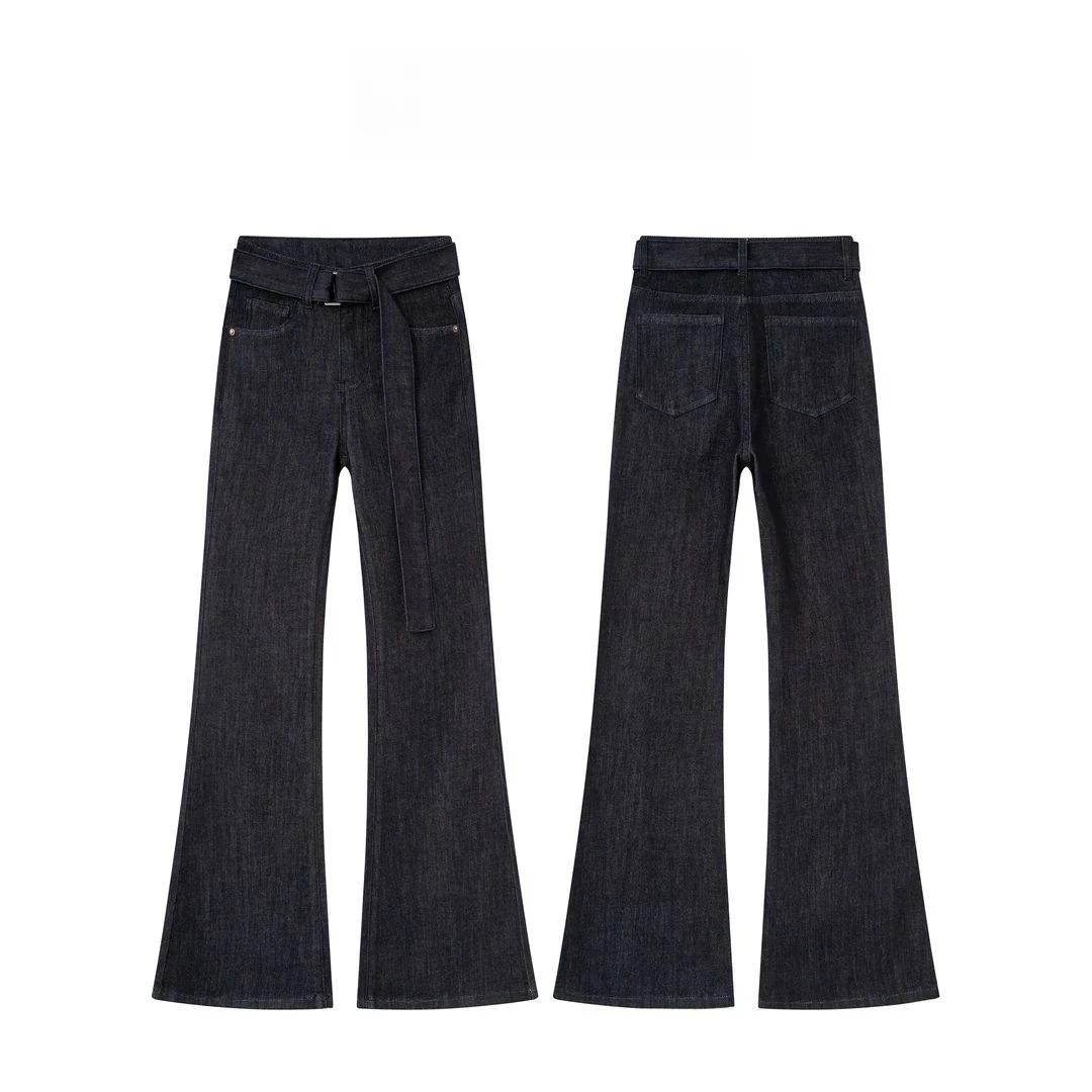 早秋新款丹宁湛蓝时尚高腰百搭直筒牛仔裤腰带显瘦不掉色微喇裤