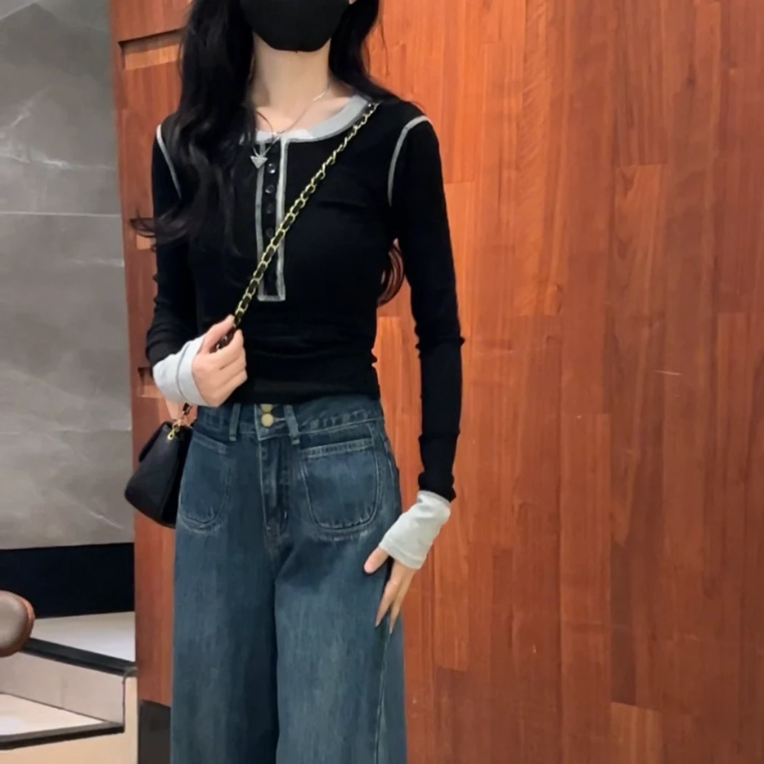 1009款早春新款时尚百搭显瘦撞色设计打底衫修身针织