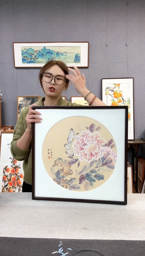 【闪购商品】国画李坤-手绘带框作品-53*53-牡丹